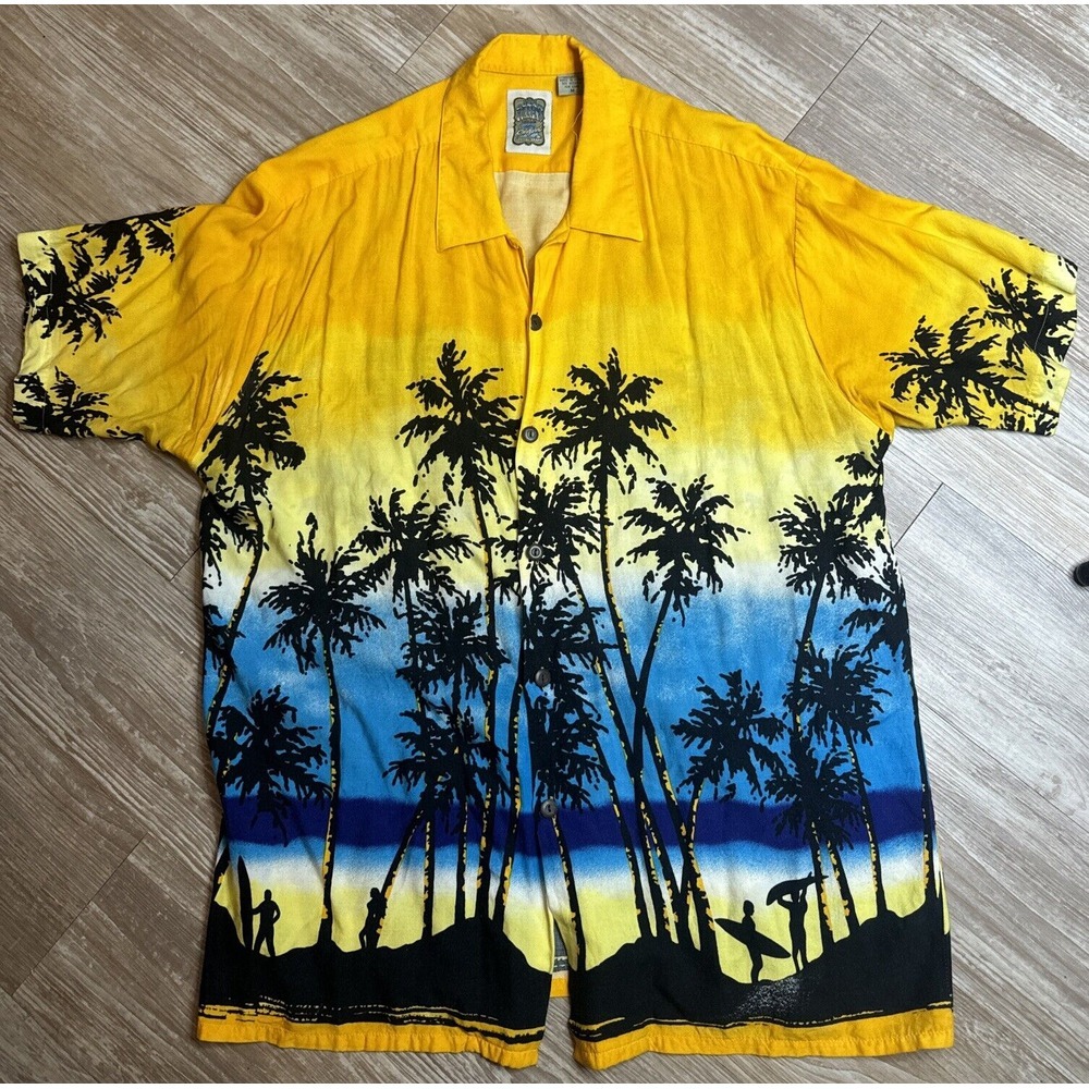 Ocean Current Shirt Mens Med V-Neck Hawaiian Island Palm Scene Rayon Button Up